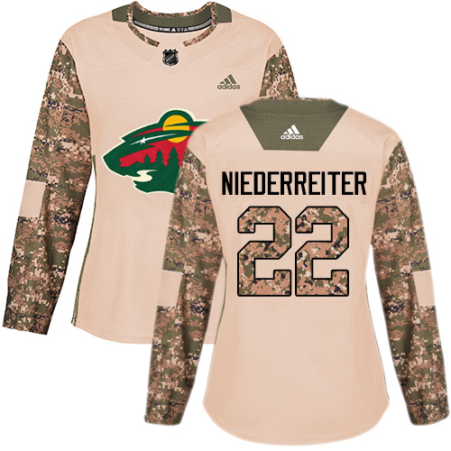 Adidas Wild #22 Nino Niederreiter Camo Authentic Veterans Day Women's Stitched NHL Jersey - Click Image to Close